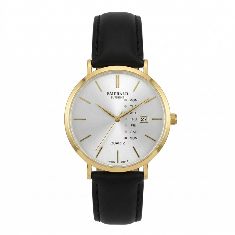 Emerald Supreme Luxury Quartz Watch Day And Date Display Premium Leather Strap
