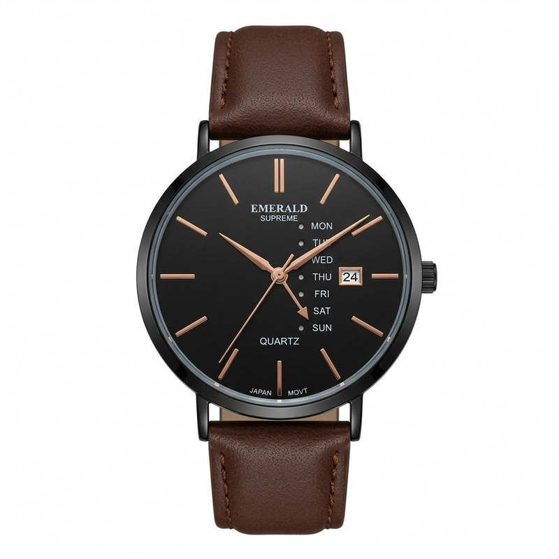 Emerald Supreme Luxury Quartz Watch Day And Date Display Premium Leather Strap