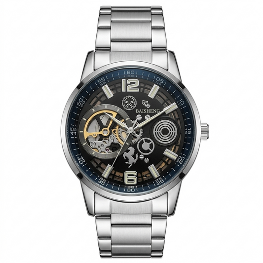 BAISHENG Men's Skeleton Automatic Watch Steel Band Blue Bezel