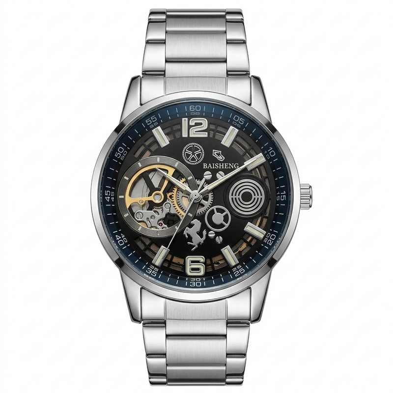 BAISHENG Men's Skeleton Automatic Watch Steel Band Blue Bezel
