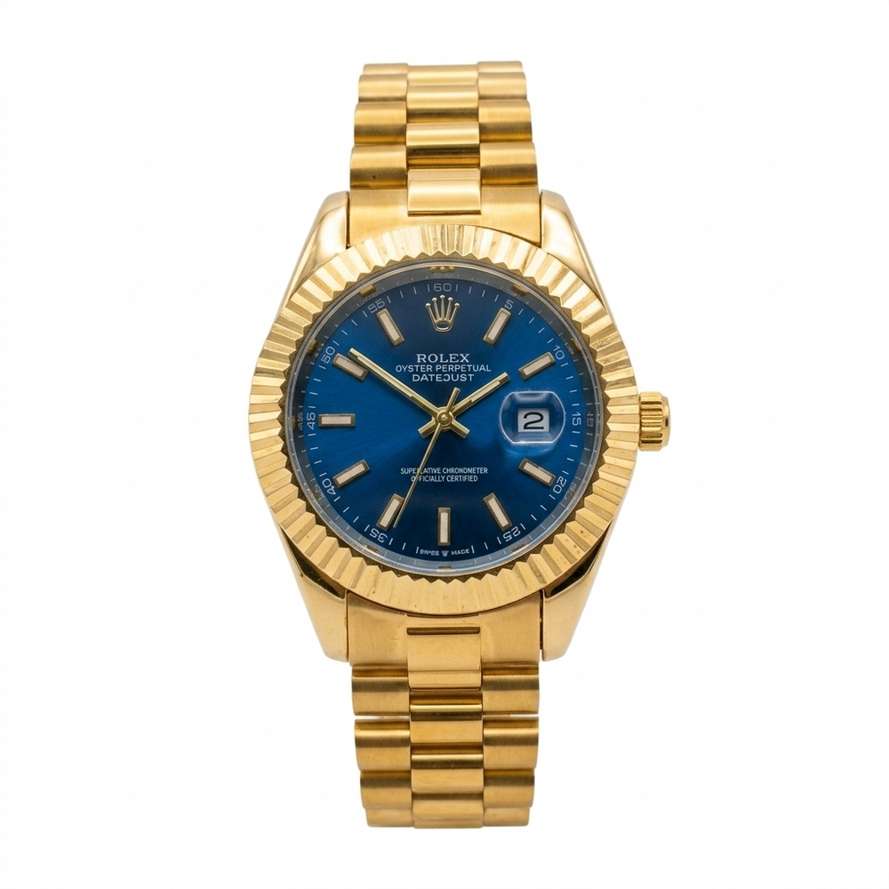 Rolex Style Gold Watch Cobalt Blue Dial Datejust Design