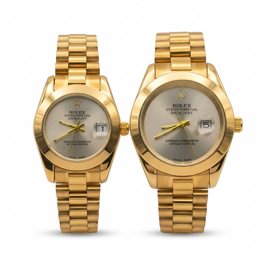 Rolex Datejust Inspired Couple Watch Set 18K Gold Finish